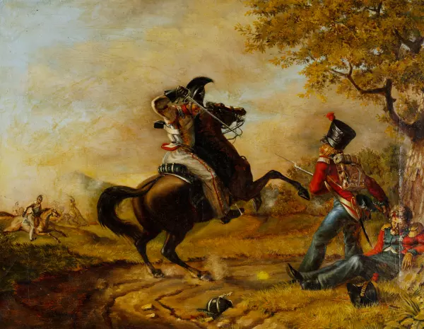 Scène de combat entre un cavalier autrichien et des voltigeurs français
