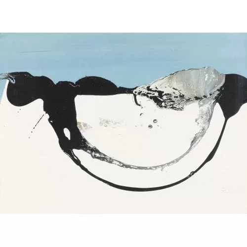 Franz Fedier — Abstrakte Komposition vor blauem und weissem Hintergrund.