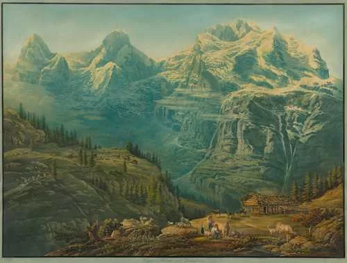 Franz Hegi — Eiger, Mönch und Jungfrau von der Wengernalp aus. After JOHANN JAKOB MEYER. Circa 1830/40.
