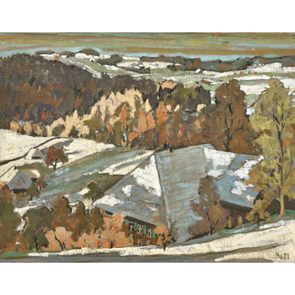 Fred Baumann — Winterliche Landschaft mit Bauernhäusern.