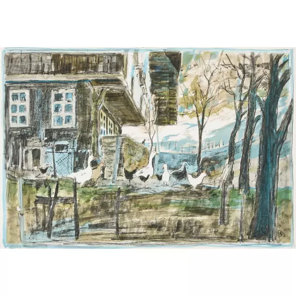 Bauernhof mit Gänsen und Hühnern