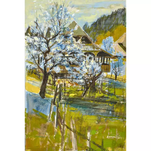 Emmentaler Bauernhaus mit blühenden Obstbäumen