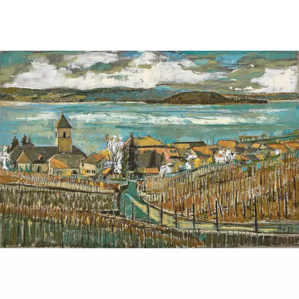 Blick auf Twann am Bielersee und die St. Petersinsel