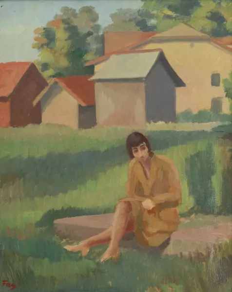 Fred FAY (1901-1987), "Femme assise sur une pierre aux abords d'un village", huile sur toile — DognyAuction