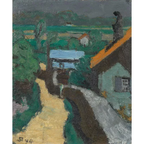 Fred Stauffer — Sommerliche Landschaftspartie mit Häusern bei einem Bach.