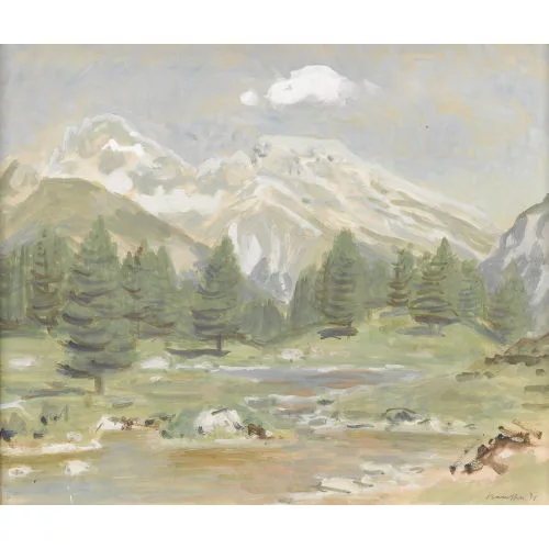 Fred Stauffer — Sommerliche Gebirgspartie mit Nadelwald bei einem Bergsee.