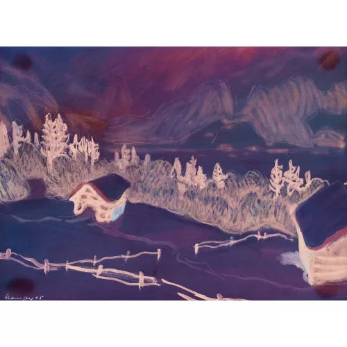 Fred Stauffer — Verschneite Berglandschaft mit Hütte.
