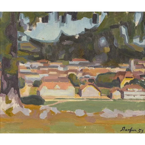 Fred Stauffer — Sommerliche Landschaftspartie mit Ortschaft.