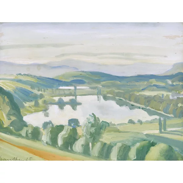 Fred Stauffer — Weite Landschaft mit See.