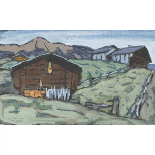 Fred Stauffer — Sommerliche Alppartie mit Bauernhäusern.