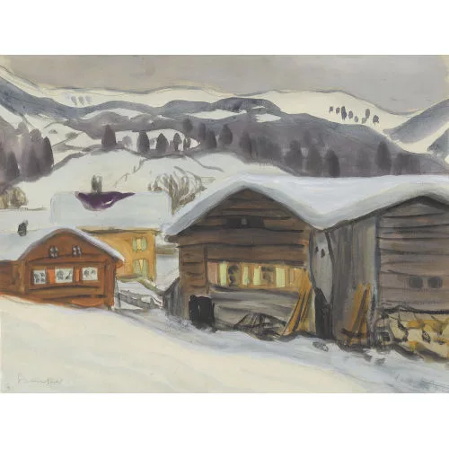 Fred Stauffer — Abendliche Winterlandschaft mit Hütten.