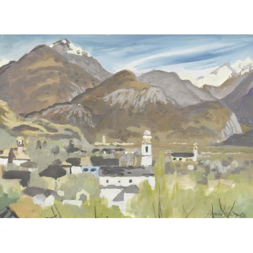 Fred Stauffer — Alplandschaft mit Dorf.