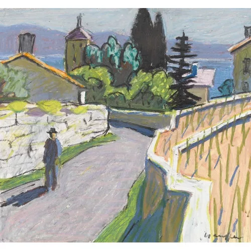 Fred Stauffer — Sonnige Dorfpartie oberhalb eines Sees.