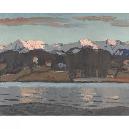 Fred Stauffer — Seelandschaft mit verschneiter Alpenkette.