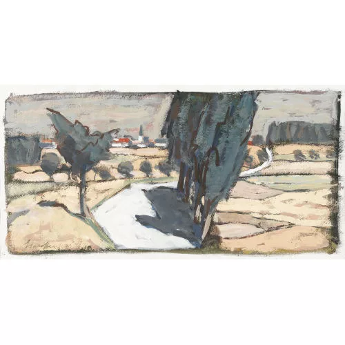 Fred Stauffer — Weite Landschaft mit Dorf im Hintergrund.