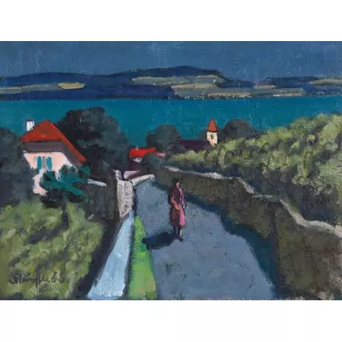 Strasse am Bielersee im Mondlicht