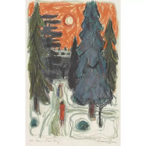 Waldweg mit Frau im Mondschein