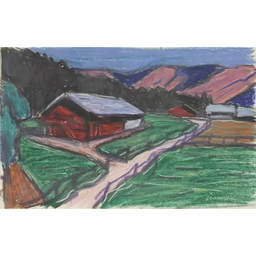 Gehöft in hügeliger Landschaft