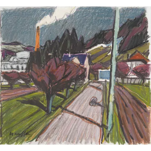 Landstrasse mit Bäumen und Schornstein