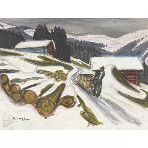 "Bauer mit Holzschlitten in Winterlandschaft"