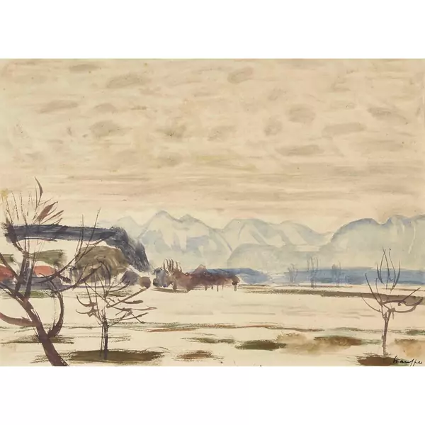 Landschaft vor Berg- und Seekulisse