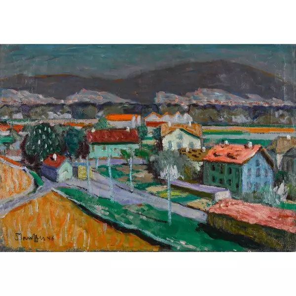 Sommerliche Landschaft mit Häusern