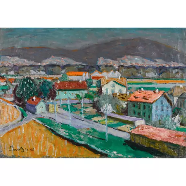 Sommerliche Landschaft mit Häusern