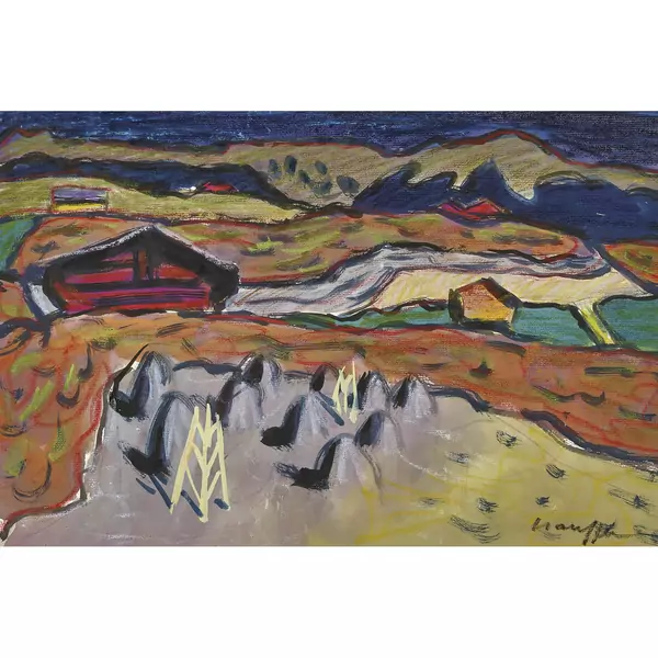 Landschaft mit Bauernhäusern, Heupuppen und Heinzen