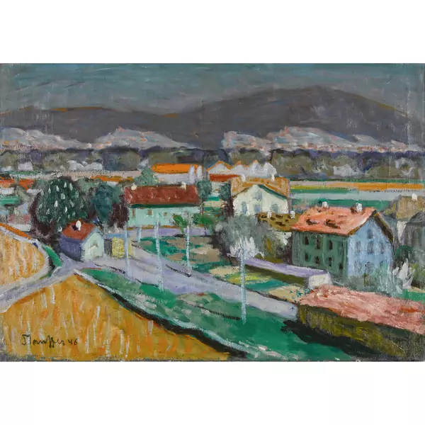 Sommerliche Landschaft mit Häusern