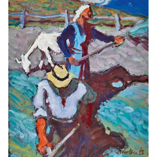 Bauernpaar mit Ziege bei der Feldarbeit