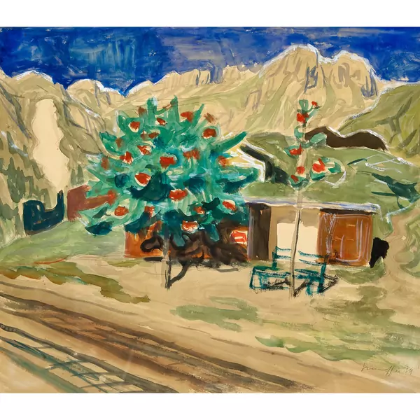 Berglandschaft mit Unterstand und Strasse