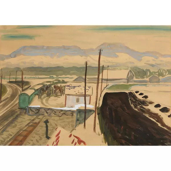 Landschaft mit Güterwagen auf Bahngleis