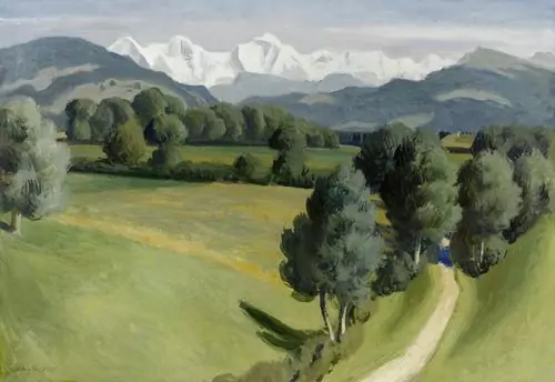 FRED STAUFFER — Landschaft mit einer Gebirgskette im Hintergrund. 1931. — Koller Auktionen