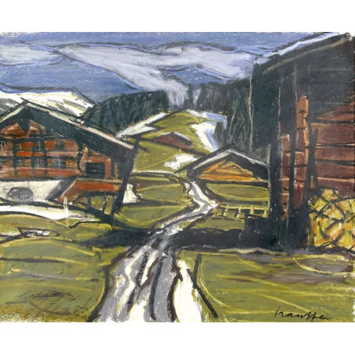 Fred Stauffer — Berglandschaft mit Chalets in strahlender Frühlingssonne.