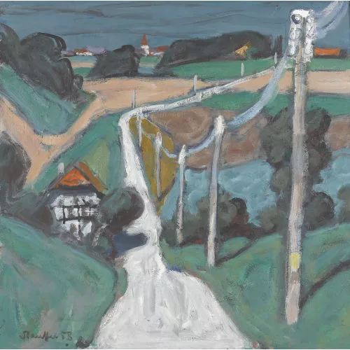 Fred Stauffer — Sommerlandschaft im Bernbiet mit Bauernhaus und Dorf.