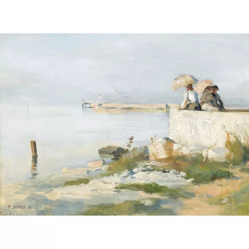 Frédéric Dufaux — Drei Damen mit Sonnenschirmen am Ufer des Genfersees.