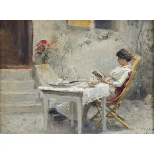 Frédéric Dufaux — Lesende Dame auf einer Terrasse.