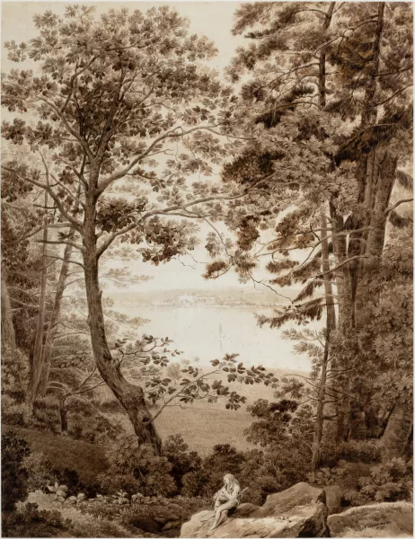 Friedrich Christian Reinermann — Flötenspielerin in bewaldeter Uferlandschaft