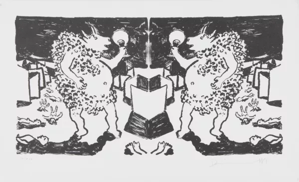 Friedrich Dürrenmatt — 2 Blätter: Minotaurus seinem Spiegelbild zuprostend; Steingott, 1990