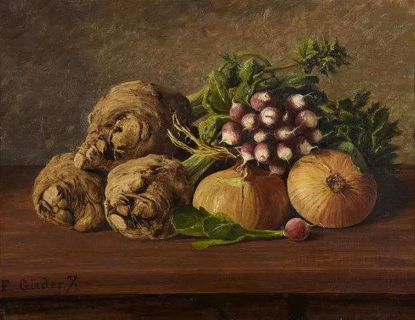 Stillleben mit Radieschen, Sellerie und Zwiebeln
