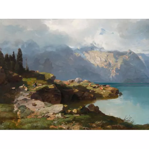 Felsiges Bergseeufer mit Hirtin und Herde