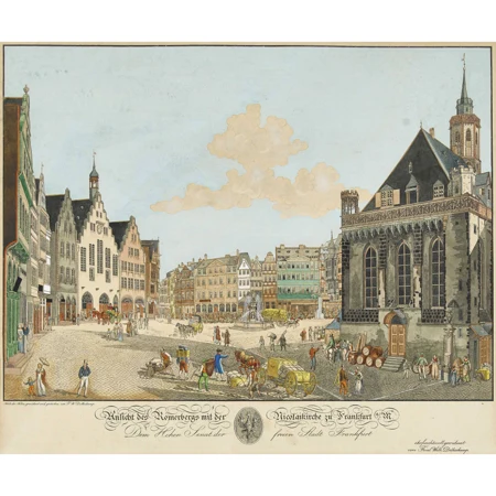"Ansicht des Römerberges mit der Nikolaikirche zu Frankfurt am Main"