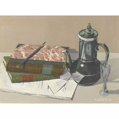 Fritz Bitterli — Stillleben mit Büchern, Kanne und Glas.