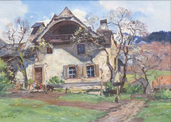 Fritz Edouard Huguenin-Lassauguette — Fritz Edouard HUGUENIN-LASSAUGUETTE (1842-1926) "Ferme vaudoise", huile