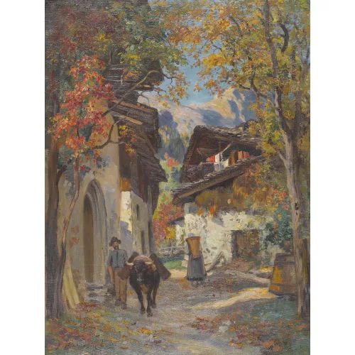 Fritz Edouard Huguenin-Lassauguette — Herbstliche Walliser Dorfpartie.