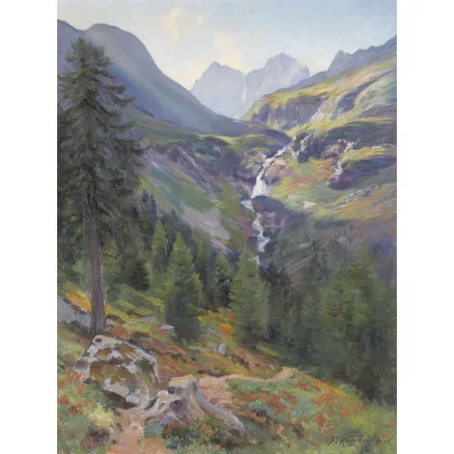 Fritz Edouard Huguenin-Lassauguette — Wilder Gebirgsbach im Sommer.