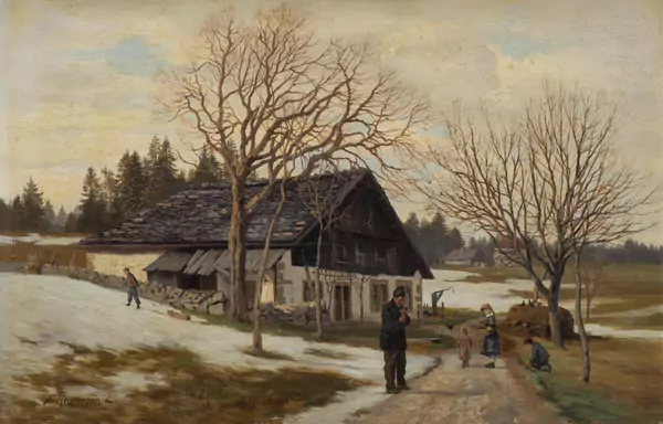 Fritz Edouard HUGUENIN-LASSAUGUETTE (1842-1926), 'Ferme de la fin de l'hiver', huile — DognyAuction