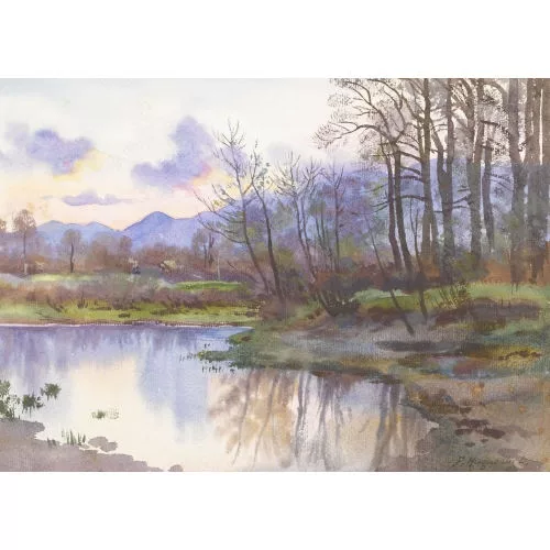 Fritz Edouard Huguenin-Lassauguette — Baumbestandenes Seeufer unter bewölktem Himmel.