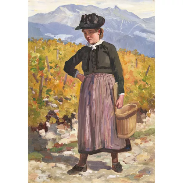 Fritz Edouard Huguenin-Lassauguette — Walliser Bäuerin mit Melchterli im Weinberg.