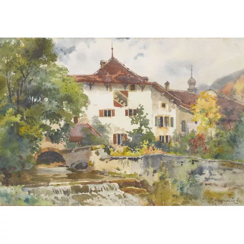 Fritz Edouard Huguenin-Lassauguette — Berner Schlösschen an einem Bach.